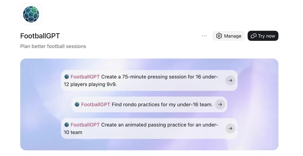 The FootballGPT app page in ChatGPT with three starter requests and a Try now button.