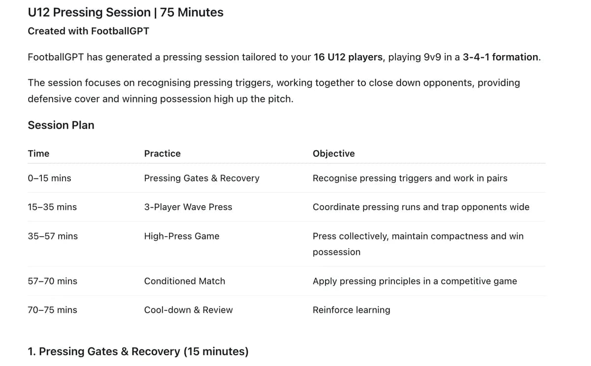A coach asks ChatGPT for a pressing session and gets an under-12s plan from FootballGPT, with a table of practices and times.