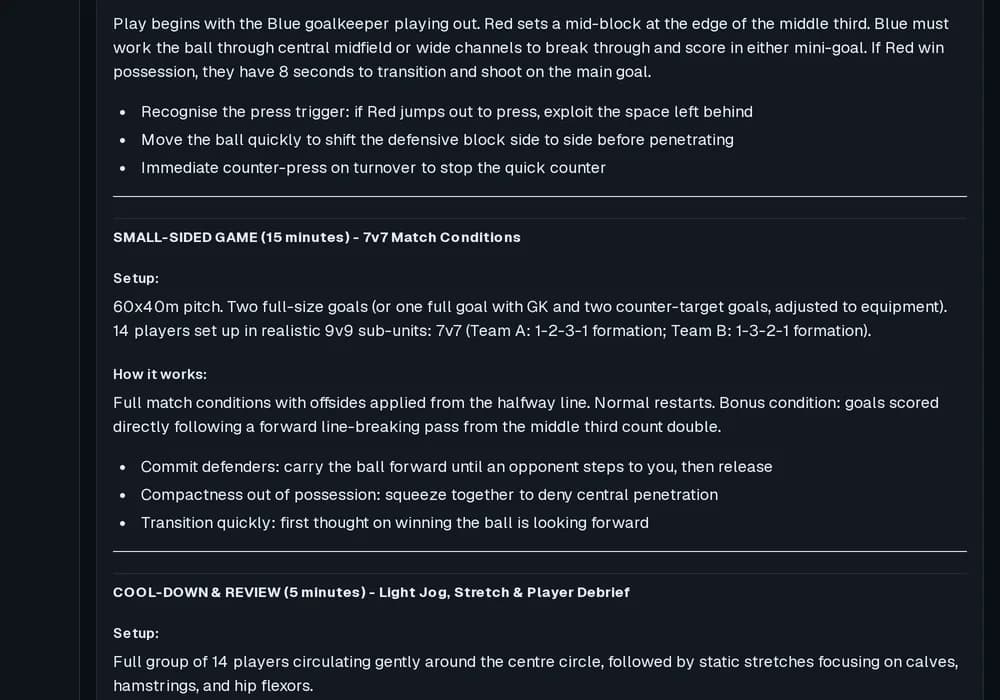 A FootballGPT session plan with a small-sided game and a cool-down listed after the main practices.