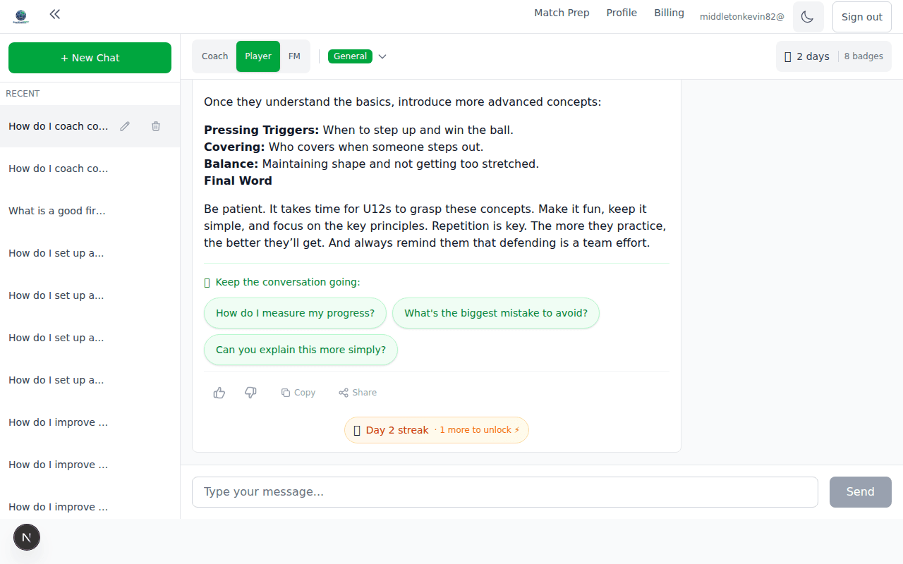 FootballGPT chat interface with Coach, Player, and FM mode toggle